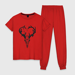 Пижама хлопковая женская Череп олень с рогами в виде сердца, цвет: красный