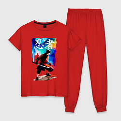 Пижама хлопковая женская Ninja - hieroglyphs - watercolor, цвет: красный