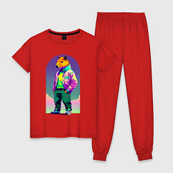 Пижама хлопковая женская Модный капибара - нейросеть, цвет: красный