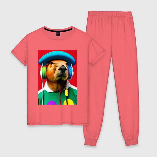 Женская пижама Капибара в наушниках и шляпе - нейросеть / Коралловый – фото 1