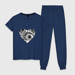 Пижама хлопковая женская Сердце с абстрактным черно-белым узором, цвет: тёмно-синий