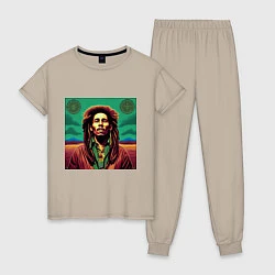 Пижама хлопковая женская Digital Art Bob Marley in the field, цвет: миндальный