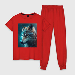 Пижама хлопковая женская Волк в стиле футуризм - нейросеть, цвет: красный