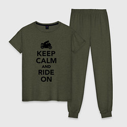 Пижама хлопковая женская Keep calm and ride on, цвет: меланж-хаки