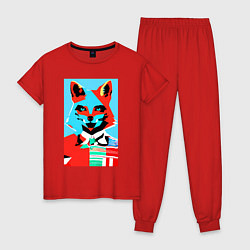 Пижама хлопковая женская Морда лисы - поп-арт - нейросеть, цвет: красный