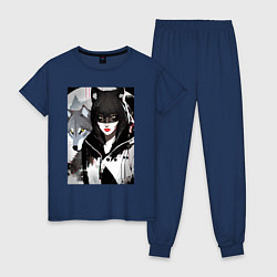 Пижама хлопковая женская Девушка и волк - нейросеть - фантазия, цвет: тёмно-синий
