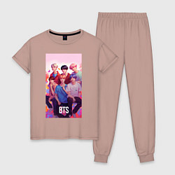 Пижама хлопковая женская BTS art anime style, цвет: пыльно-розовый