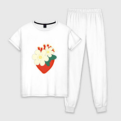 Пижама хлопковая женская Анатомическое сердце в цветах и листьях, цвет: белый