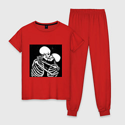 Пижама хлопковая женская Kissing skeletons, цвет: красный