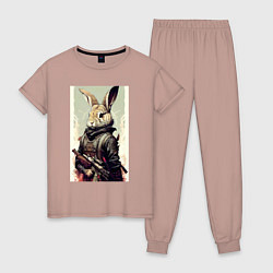 Пижама хлопковая женская Заяц-боец - нейросеть, цвет: пыльно-розовый