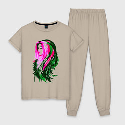 Пижама хлопковая женская Девушка цветными перьями, цвет: миндальный