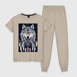 Пижама хлопковая женская Шаман волк, цвет: миндальный
