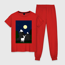 Пижама хлопковая женская Олень под луной, цвет: красный