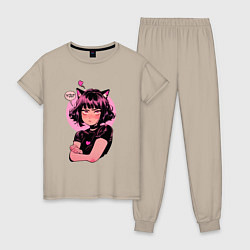 Пижама хлопковая женская Милая аниме кошкодевочка, цвет: миндальный