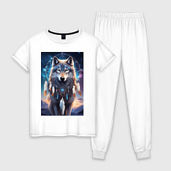 Пижама хлопковая женская Шаман волк, цвет: белый