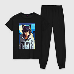 Пижама хлопковая женская Девочка-волчонок - аниме, цвет: черный