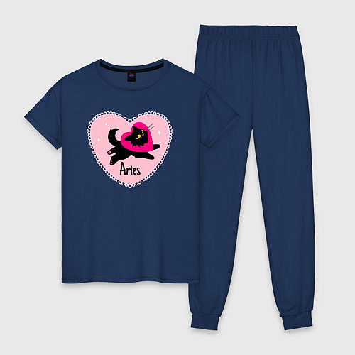 Женская пижама Котик с сердечком - весы / Тёмно-синий – фото 1