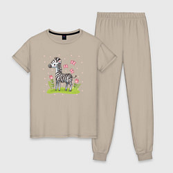 Пижама хлопковая женская Зебра на лугу, цвет: миндальный