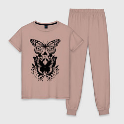 Пижама хлопковая женская Две бабочки - татуировка, цвет: пыльно-розовый