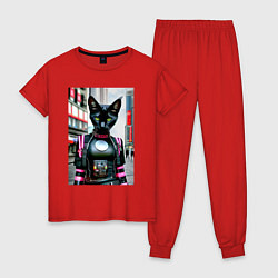 Пижама хлопковая женская Крутая кисуля в мегаполисе - киберпанк - нейросеть, цвет: красный