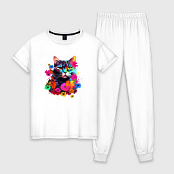 Пижама хлопковая женская Котик в цветах - нейросеть, цвет: белый