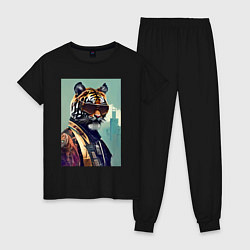 Пижама хлопковая женская Чувак-тигр в тёмных очках - босс - нейросеть, цвет: черный
