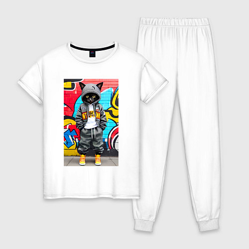 Женская пижама Уличный котёнок хулиган на фоне граффити - нейросе / Белый – фото 1