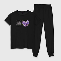 Пижама хлопковая женская Цветы и сердце с надписью, цвет: черный