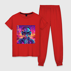 Пижама хлопковая женская Скелет в наушниках в неоновом свете, цвет: красный
