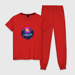 Пижама хлопковая женская Ретро машина и пальмы в неоновых цветах, цвет: красный