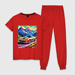 Пижама хлопковая женская Авто на фоне гор, цвет: красный