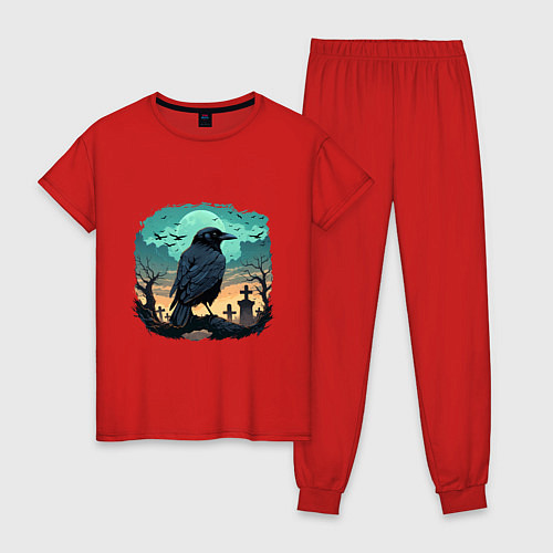 Женская пижама Черный ворон на кладбище / Красный – фото 1