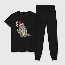 Пижама хлопковая женская Пушистый котик новогодний, цвет: черный
