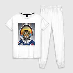 Пижама хлопковая женская Кот в костюме астронавта, цвет: белый