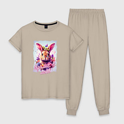 Пижама хлопковая женская Кролик в цветах надпись, цвет: миндальный