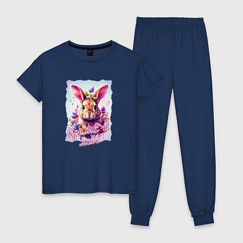 Женская пижама Кролик в цветах надпись / Тёмно-синий – фото 1