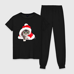 Пижама хлопковая женская Котик Санта в новогоднем колпаке, цвет: черный