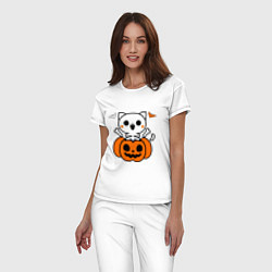 Пижама хлопковая женская Веселый кот-скелет в тыкве - Хэллоуин, цвет: белый — фото 2
