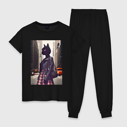 Женская пижама Cat fashionista - New York - ai art / Черный – фото 1