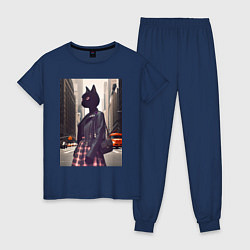Пижама хлопковая женская Cat fashionista - New York - ai art, цвет: тёмно-синий