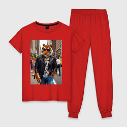Пижама хлопковая женская Cool tiger on the streets of New York - ai art, цвет: красный