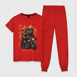 Пижама хлопковая женская Медведь байкер на мотоцикле, цвет: красный