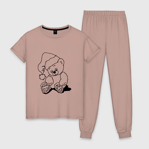 Женская пижама Мишка игрушечный в колпаке деда Мороза - раскраска / Пыльно-розовый – фото 1