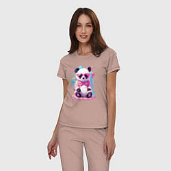 Пижама хлопковая женская Милая панда в розовых очках и бантике, цвет: пыльно-розовый — фото 2