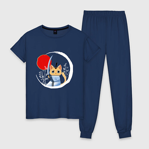 Женская пижама Анимешный кот самурай / Тёмно-синий – фото 1