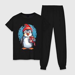 Пижама хлопковая женская Пингвин с новогодним подарком, цвет: черный