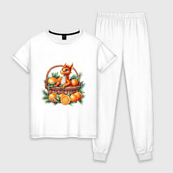 Пижама хлопковая женская Оранжевый дракон 2024 как мандарин в корзинке, цвет: белый