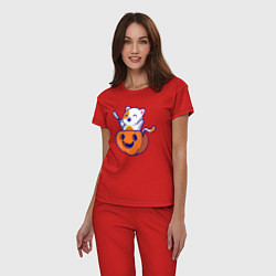 Пижама хлопковая женская Котёнок в тыкве, цвет: красный — фото 2