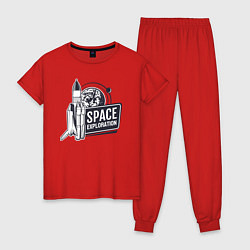 Пижама хлопковая женская Исследование космоса, цвет: красный