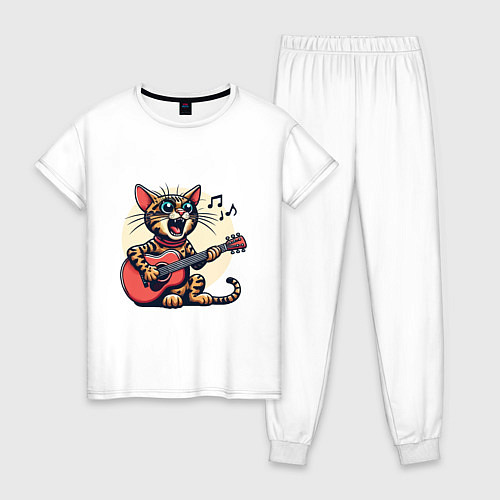 Женская пижама Забавный полосатый кот играет на гитаре / Белый – фото 1